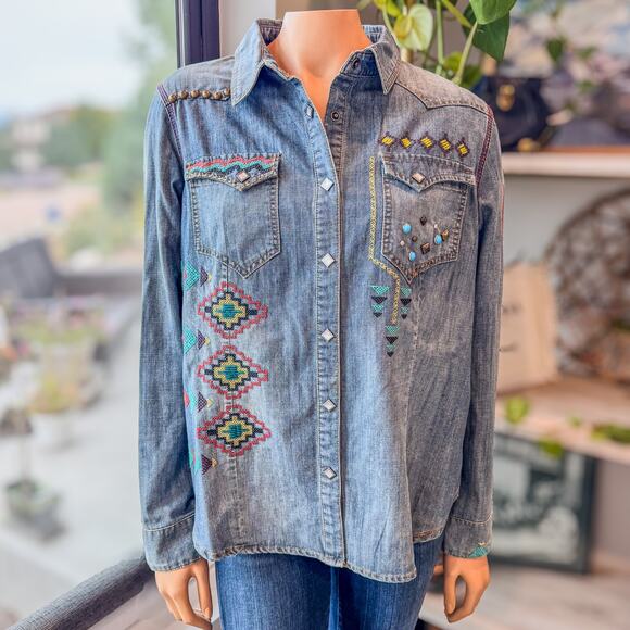 Double D Ranch, Embroidered Denim Shirt Jacket Snap Buttons, Studs, Beads-Large - Picture 1 of 14